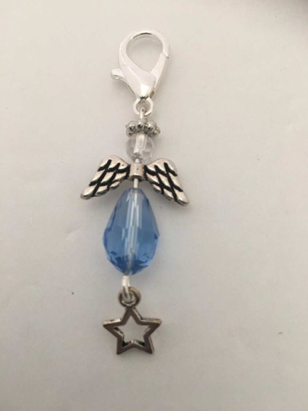 Handmade Angel Clip Charm • Blue Crystal Bead • Bag & Keychain Accessory